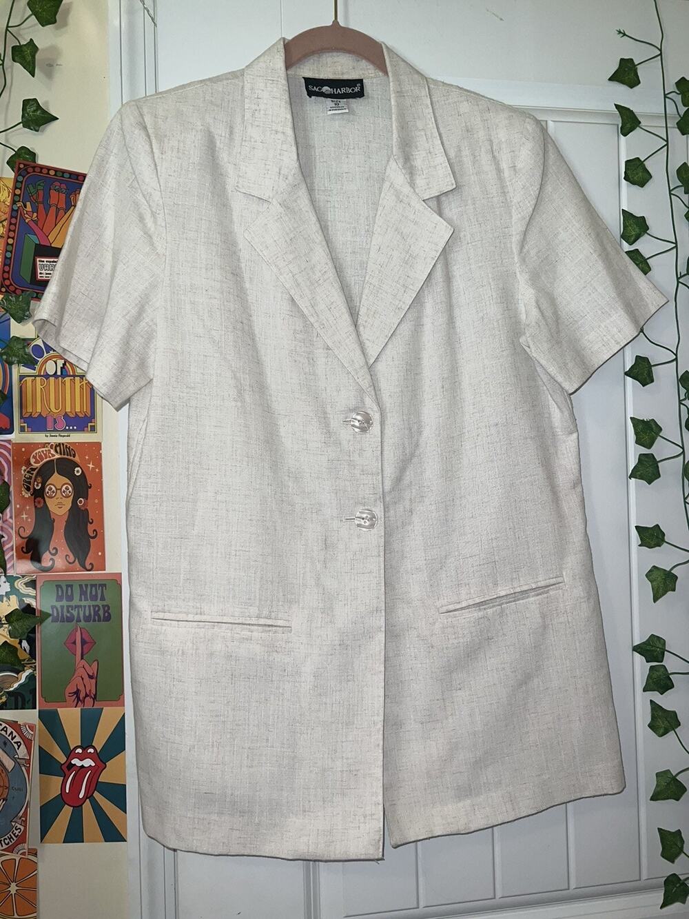 Sag Harbor off white short sleeve buttoned blouse linen blend sz 10